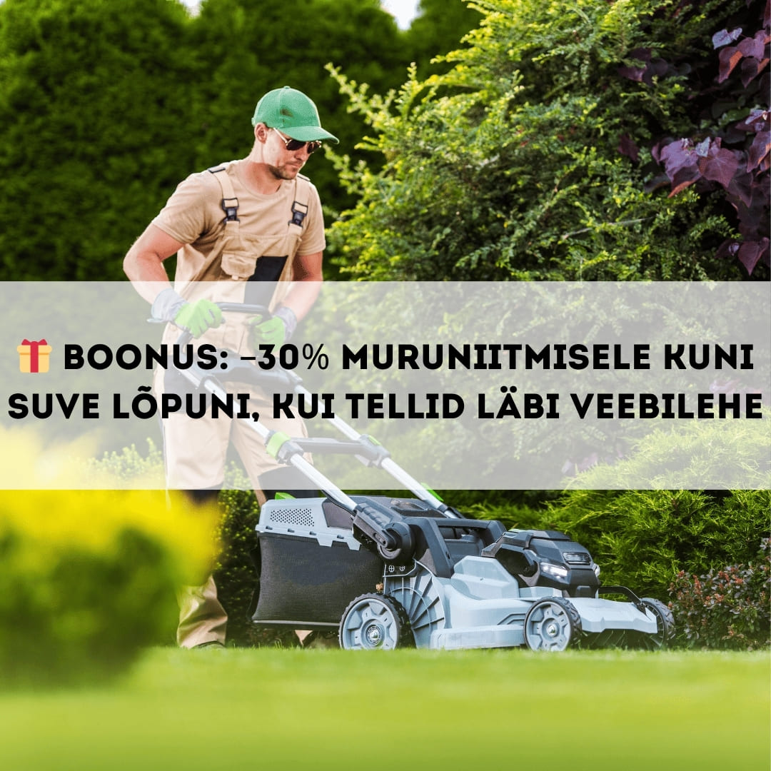 Muruniitmine elektrilise muruniidukiga haljastatud krundil.